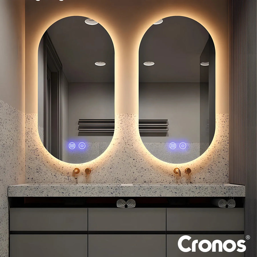 Cronos verwarmde spiegel, ovaal 50 x 80 cm, LED in drie kleuren, beschermingsklasse IP44, anticondenssysteem