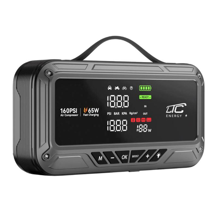 LTC-startbooster, 12.000 mAh, met compressor, zaklamp en powerbank, LCD-display, vermogen 65 W, inclusief kabels en opberghoes, LXJS120