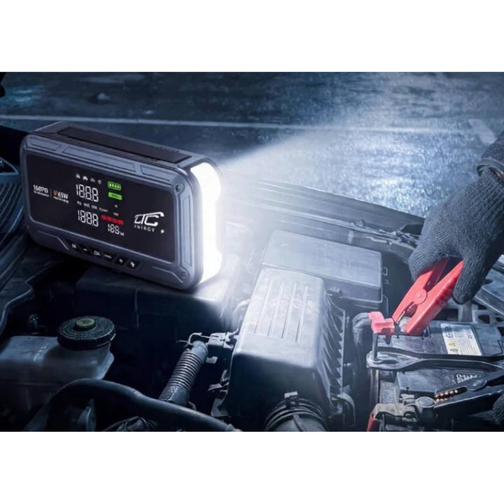 LTC-startbooster, 12.000 mAh, met compressor, zaklamp en powerbank, LCD-display, vermogen 65 W, inclusief kabels en opberghoes, LXJS120