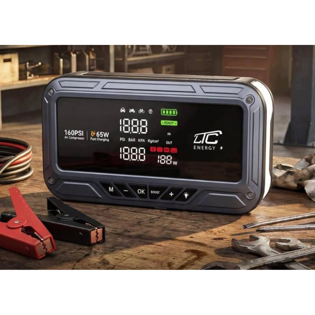 LTC-startbooster, 12.000 mAh, met compressor, zaklamp en powerbank, LCD-display, vermogen 65 W, inclusief kabels en opberghoes, LXJS120