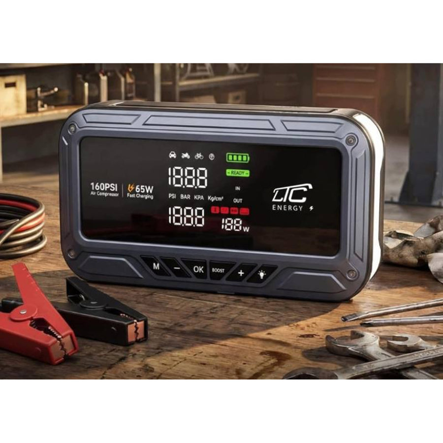 LTC-startbooster, 12.000 mAh, met compressor, zaklamp en powerbank, LCD-display, vermogen 65 W, inclusief kabels en opberghoes, LXJS120