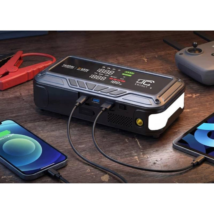 LTC-startbooster, 12.000 mAh, met compressor, zaklamp en powerbank, LCD-display, vermogen 65 W, inclusief kabels en opberghoes, LXJS120