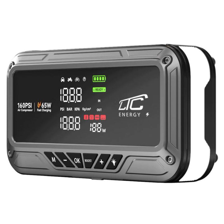LTC-startbooster, 12.000 mAh, met compressor, zaklamp en powerbank, LCD-display, vermogen 65 W, inclusief kabels en opberghoes, LXJS120
