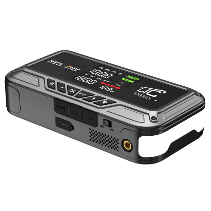 LTC-startbooster, 12.000 mAh, met compressor, zaklamp en powerbank, LCD-display, vermogen 65 W, inclusief kabels en opberghoes, LXJS120