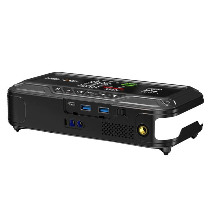 LTC-startbooster, 12.000 mAh, met compressor, zaklamp en powerbank, LCD-display, vermogen 65 W, inclusief kabels en opberghoes, LXJS120