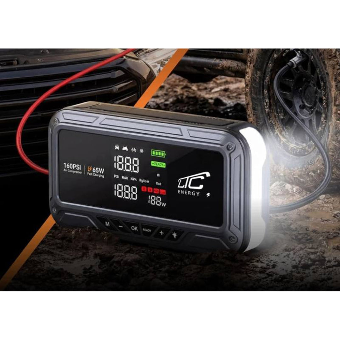 LTC-startbooster, 12.000 mAh, met compressor, zaklamp en powerbank, LCD-display, vermogen 65 W, inclusief kabels en opberghoes, LXJS120