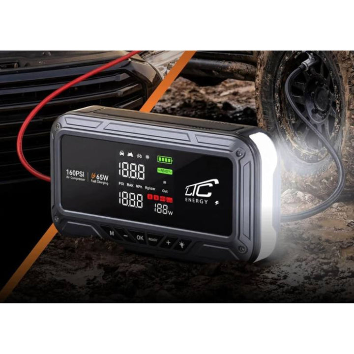 LTC-startbooster, 12.000 mAh, met compressor, zaklamp en powerbank, LCD-display, vermogen 65 W, inclusief kabels en opberghoes, LXJS120
