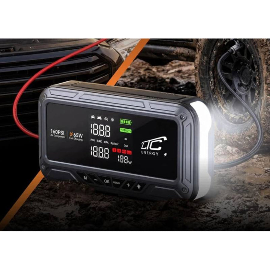 LTC-startbooster, 12.000 mAh, met compressor, zaklamp en powerbank, LCD-display, vermogen 65 W, inclusief kabels en opberghoes, LXJS120