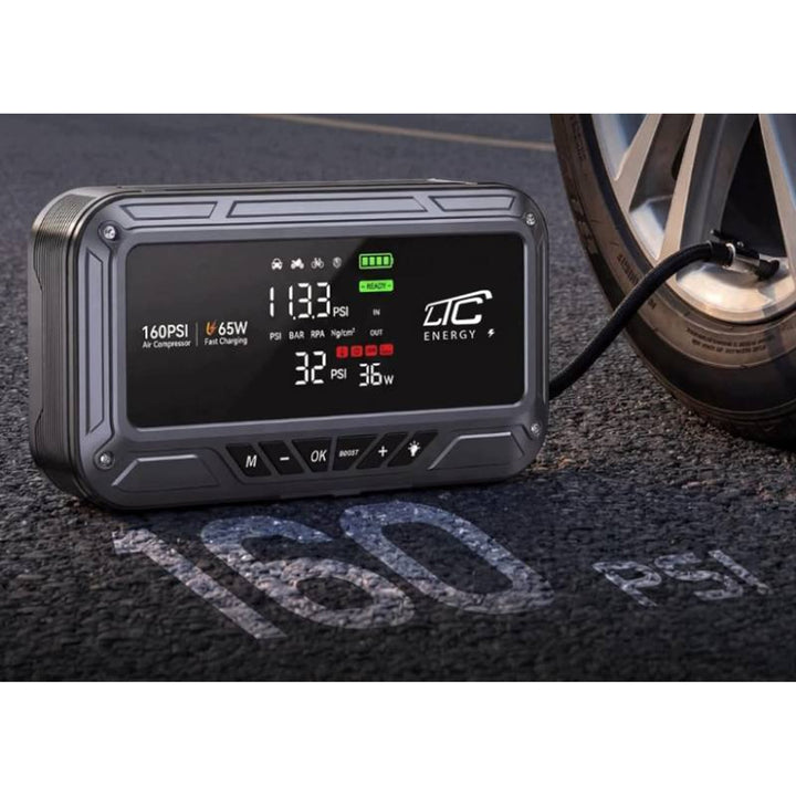 LTC-startbooster, 12.000 mAh, met compressor, zaklamp en powerbank, LCD-display, vermogen 65 W, inclusief kabels en opberghoes, LXJS120