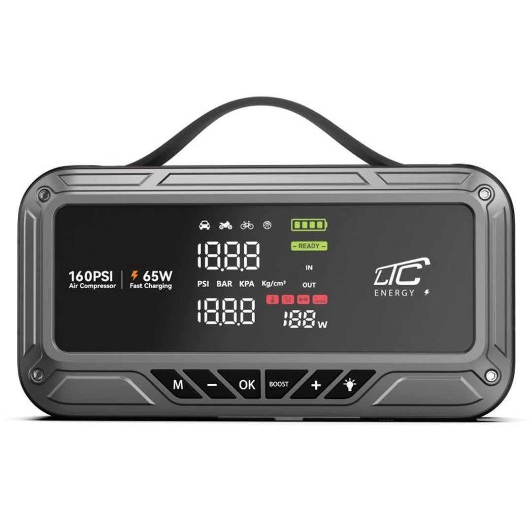 LTC-startbooster, 12.000 mAh, met compressor, zaklamp en powerbank, LCD-display, vermogen 65 W, inclusief kabels en opberghoes, LXJS120
