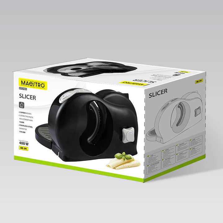 Maestro-snijmachine, vermogen 400 W, snijbereik van 0 tot 15 mm, roestvrijstalen mes, drie snijsnelheden, inclusief aandrukker en opvangbak, MR-591