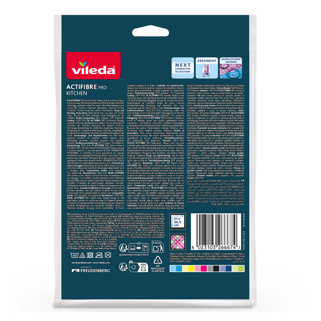Vileda Actifibre Pro-theedoek, voor in de keuken, 1 stuk, van microvezel, met PVA-coating, wasbaar tot 60 °C, 183303