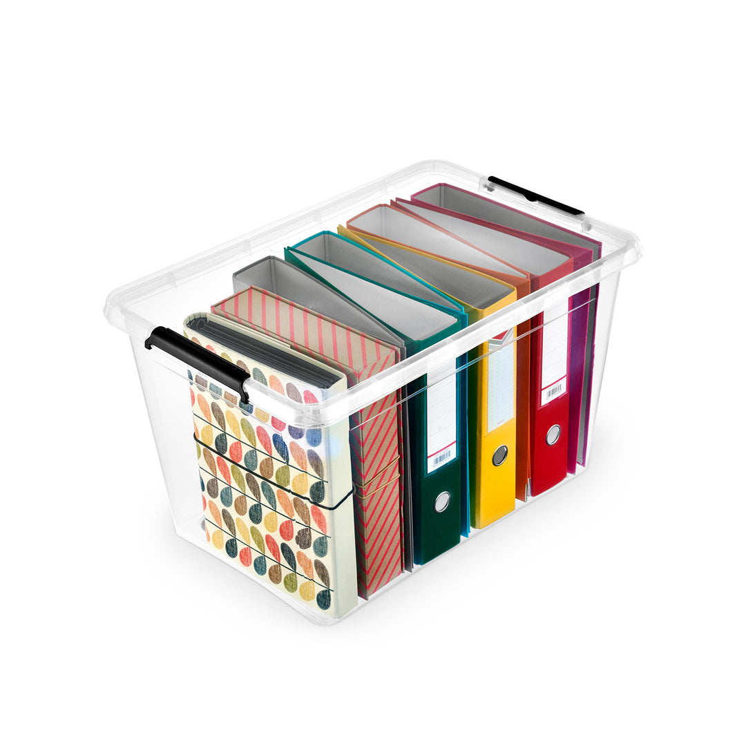 Moxom SimpleStore-bak, inhoud 60 l, doorzichtig, deksel met kliksluiting, voorzien van wieltjes, BPA-vrij, 04-0081