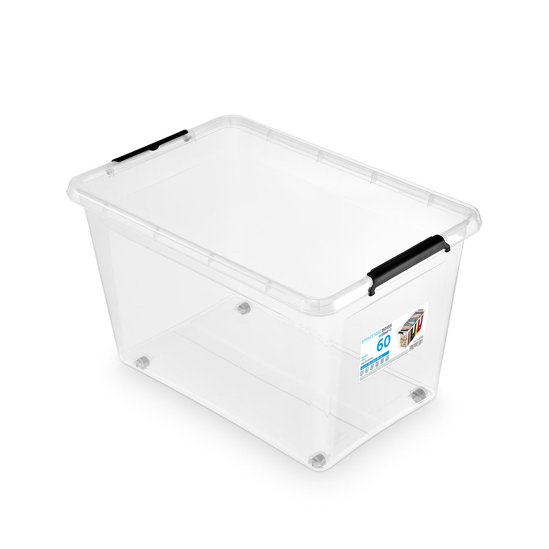 Moxom SimpleStore-bak, inhoud 60 l, doorzichtig, deksel met kliksluiting, voorzien van wieltjes, BPA-vrij, 04-0081