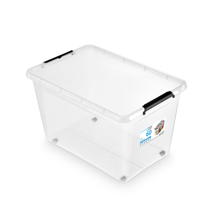 Moxom SimpleStore-bak, inhoud 60 l, doorzichtig, deksel met kliksluiting, voorzien van wieltjes, BPA-vrij, 04-0081