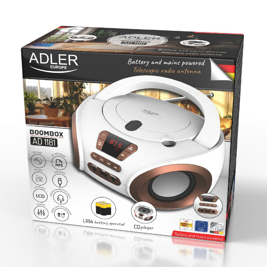 Boombox-radio met CD-MP3, USB, FM-radio, AUX, hoofdtelefoonaansluiting, Adler, AD 1181