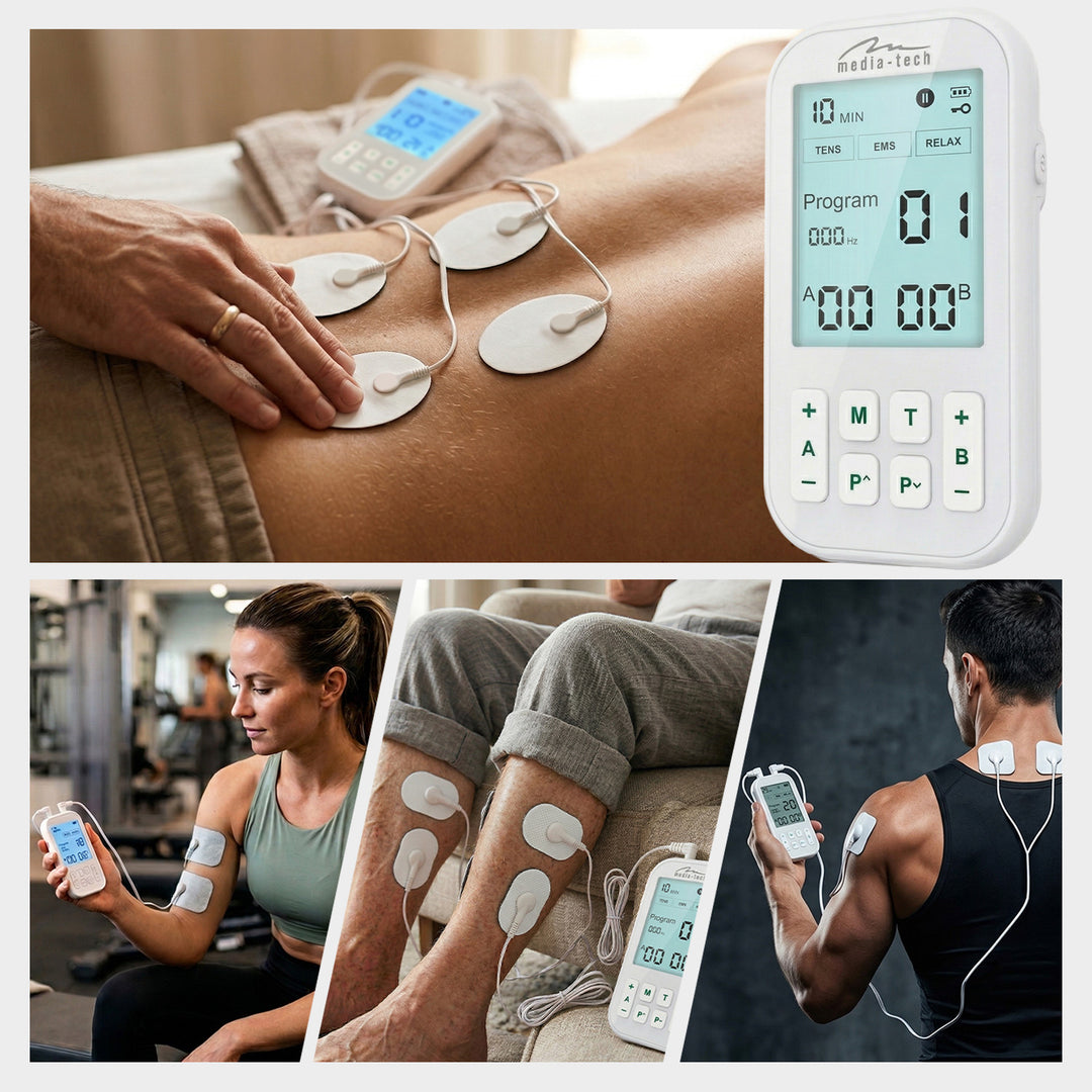 Massageapparaat en elektrostimulator voor spieren, TENS/EMS, 3-in-1-stimulatie, Mediatech, MT6543