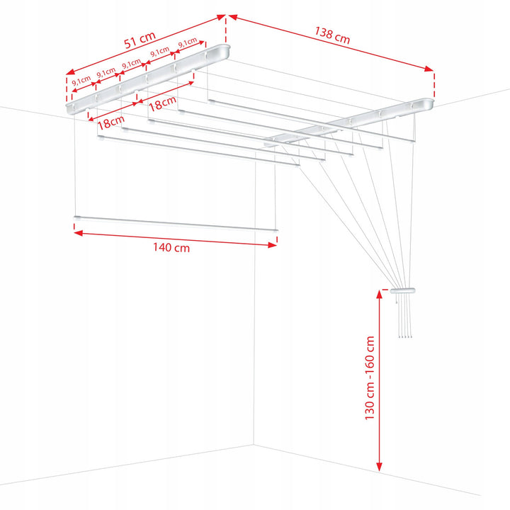 Plafondwasdroger met 6 stangen, 140 cm, droogoppervlak 8,4 m, Sepio