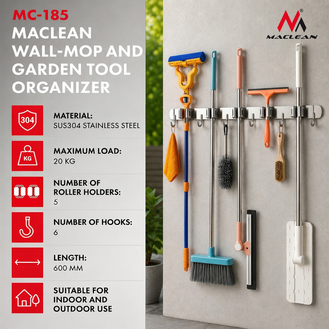 Maclean wandorganizer voor tuingereedschap en dweilen, van staal, met haken, max. draagvermogen 20 kg, breedte 60 cm, MC-185, 2 stuks