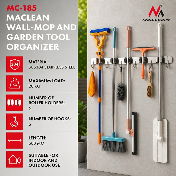 Maclean wandorganizer voor tuingereedschap en dweilen, van staal, met haken, max. draagvermogen 20 kg, breedte 60 cm, MC-185, 2 stuks