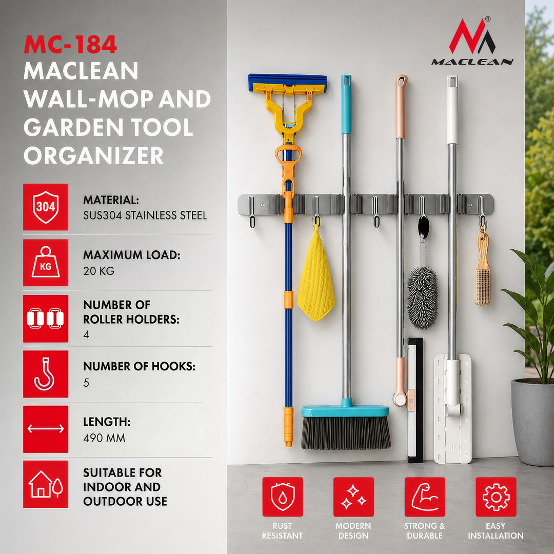Maclean wandrek voor tuingereedschap en dweilen, van staal, met haken, max. draagvermogen 20 kg, breedte 49 cm, MC-184, 2 stuks