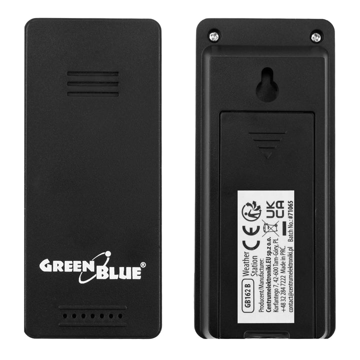 GreenBlue draadloos weerstation, binnen-/buitentemperatuur, klok, naar keuze °C / °F, bereik tot 60 m, zwart, GB162 B + 4x AAA-alkalinebatterijen van Varta Industrial