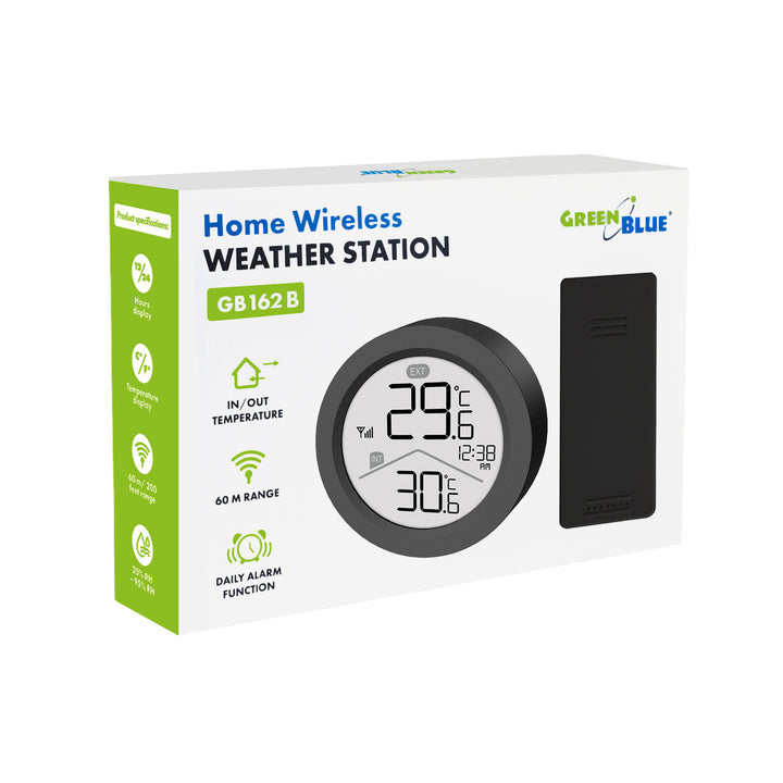 GreenBlue draadloos weerstation, binnen-/buitentemperatuur, klok, naar keuze °C / °F, bereik tot 60 m, zwart, GB162 B + 4x AAA-alkalinebatterijen van Varta Industrial