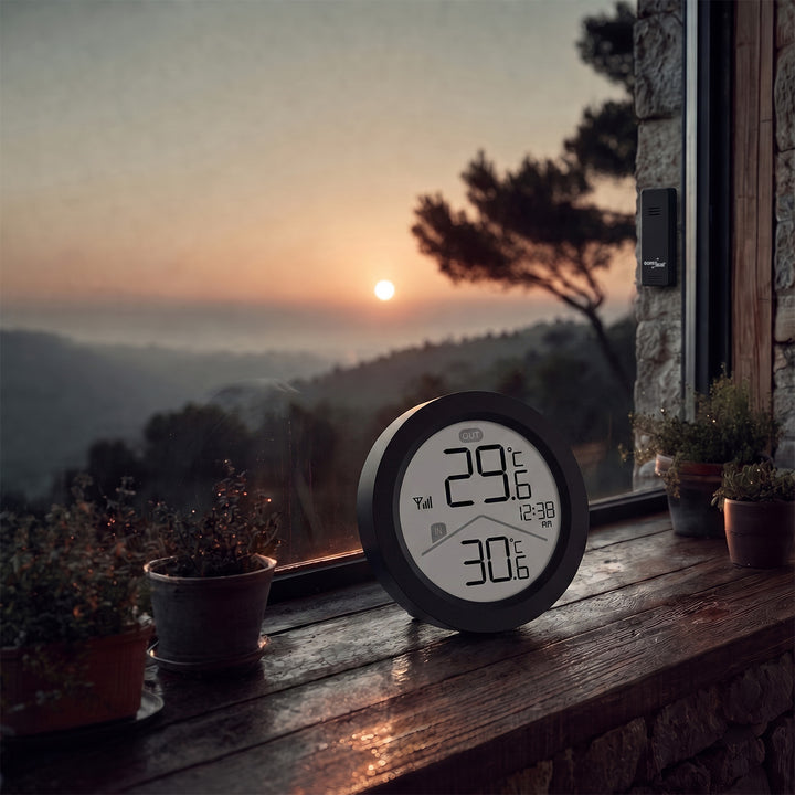 GreenBlue draadloos weerstation, binnen-/buitentemperatuur, klok, naar keuze °C / °F, bereik tot 60 m, zwart, GB162 B + 4x AAA-alkalinebatterijen van Varta Industrial