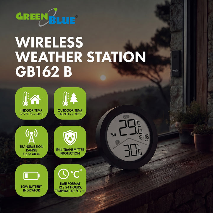 GreenBlue draadloos weerstation, binnen-/buitentemperatuur, klok, naar keuze °C / °F, bereik tot 60 m, zwart, GB162 B + 4x AAA-alkalinebatterijen van Varta Industrial