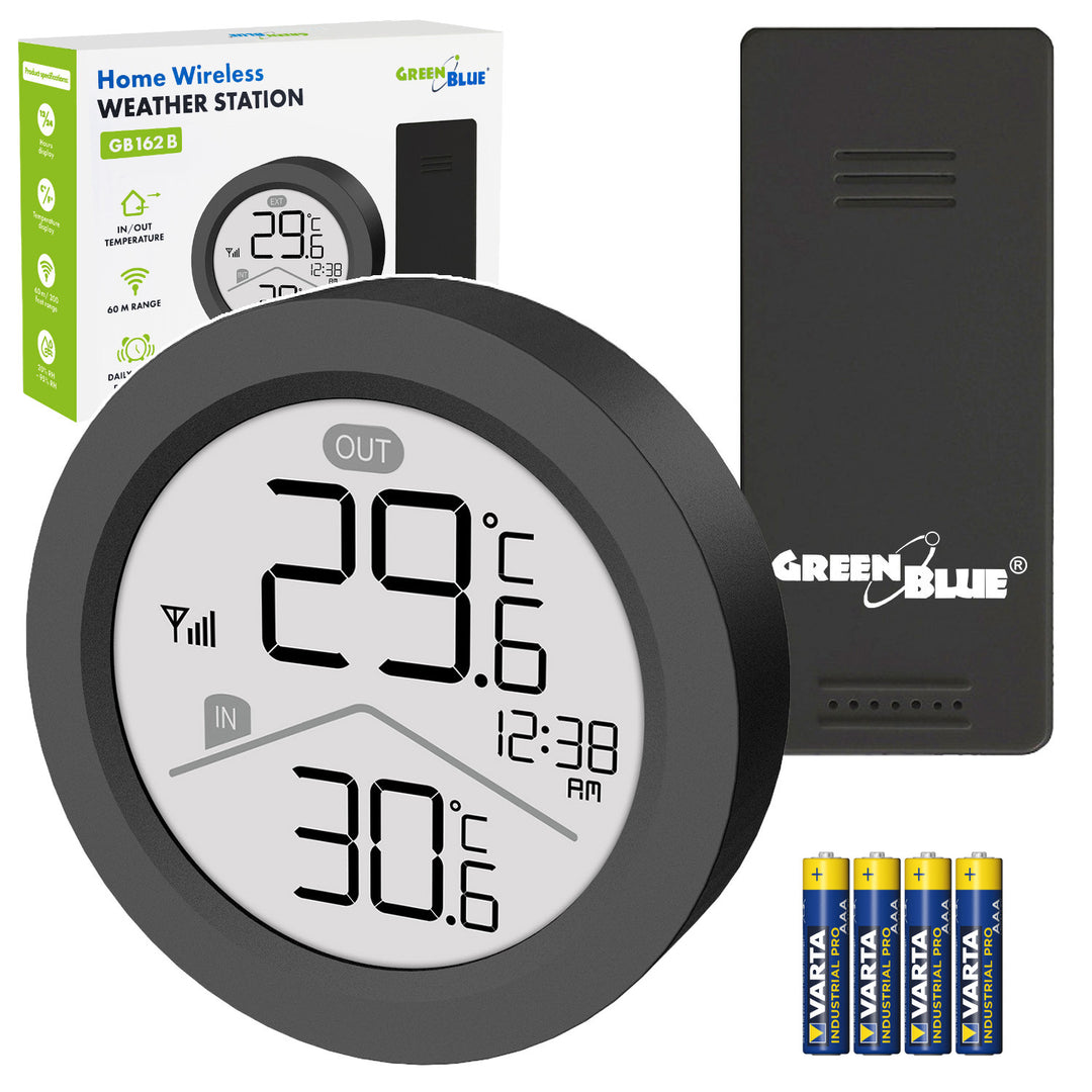 GreenBlue draadloos weerstation, binnen-/buitentemperatuur, klok, naar keuze °C / °F, bereik tot 60 m, zwart, GB162 B + 4x AAA-alkalinebatterijen van Varta Industrial