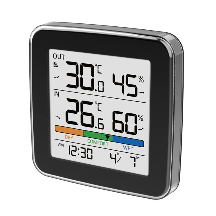 GreenBlue draadloos weerstation, temperatuur + luchtvochtigheid binnen/buiten, klok + wekker + datum, °C / °F, tot 60 m, zwart, GB169 B + 4x AAA-alkalinebatterijen van Varta Industrial