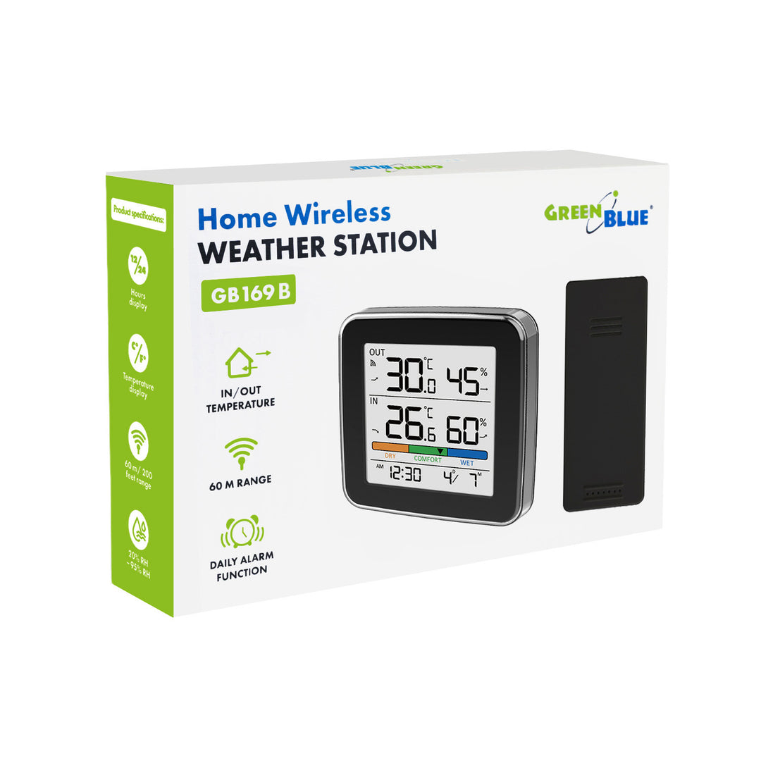 GreenBlue draadloos weerstation, temperatuur + luchtvochtigheid binnen/buiten, klok + wekker + datum, °C / °F, tot 60 m, zwart, GB169 B + 4x AAA-alkalinebatterijen van Varta Industrial