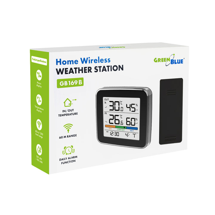 GreenBlue draadloos weerstation, temperatuur + luchtvochtigheid binnen/buiten, klok + wekker + datum, °C / °F, tot 60 m, zwart, GB169 B + 4x AAA-alkalinebatterijen van Varta Industrial