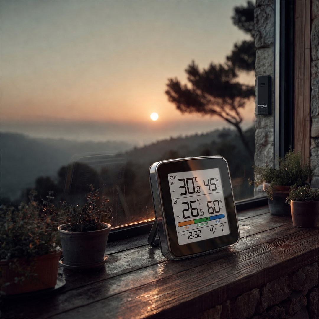 GreenBlue draadloos weerstation, temperatuur + luchtvochtigheid binnen/buiten, klok + wekker + datum, °C / °F, tot 60 m, zwart, GB169 B + 4x AAA-alkalinebatterijen van Varta Industrial