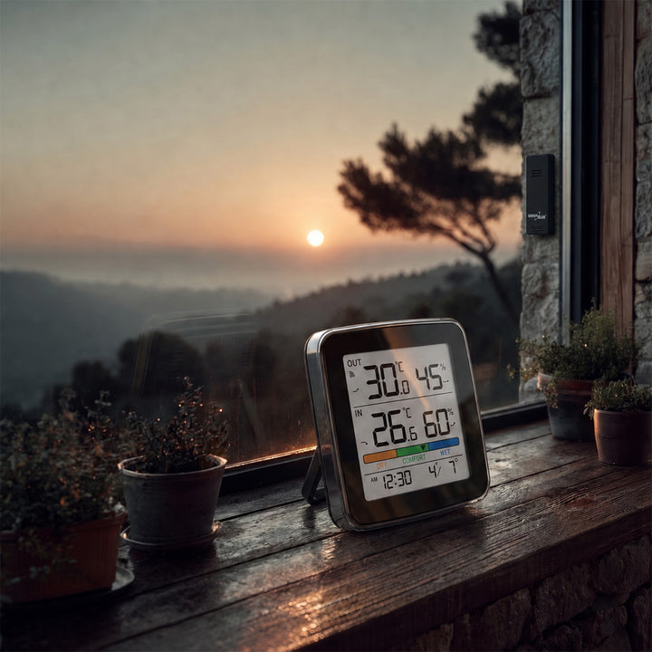 GreenBlue draadloos weerstation, temperatuur + luchtvochtigheid binnen/buiten, klok + wekker + datum, °C / °F, tot 60 m, zwart, GB169 B + 4x AAA-alkalinebatterijen van Varta Industrial