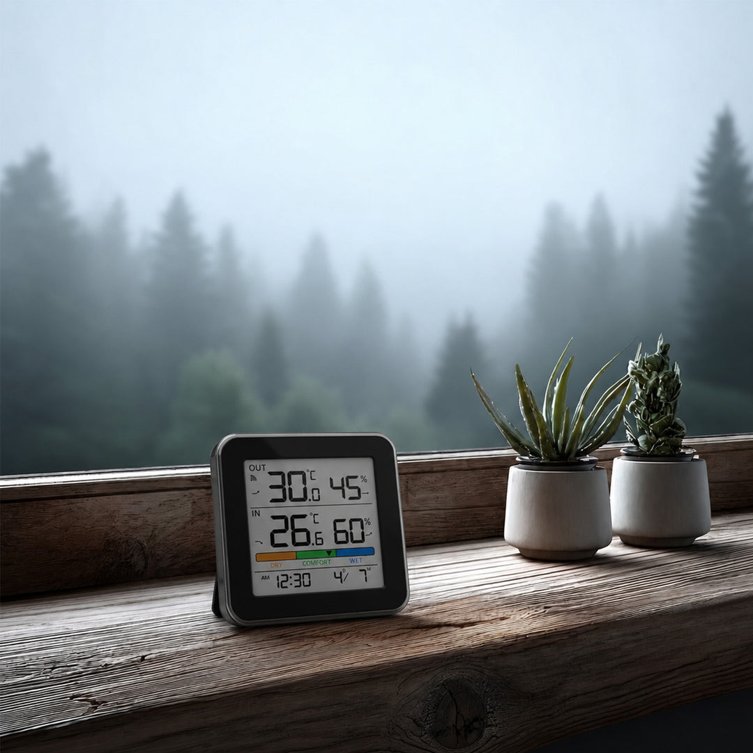 GreenBlue draadloos weerstation, temperatuur + luchtvochtigheid binnen/buiten, klok + wekker + datum, °C / °F, tot 60 m, zwart, GB169 B + 4x AAA-alkalinebatterijen van Varta Industrial