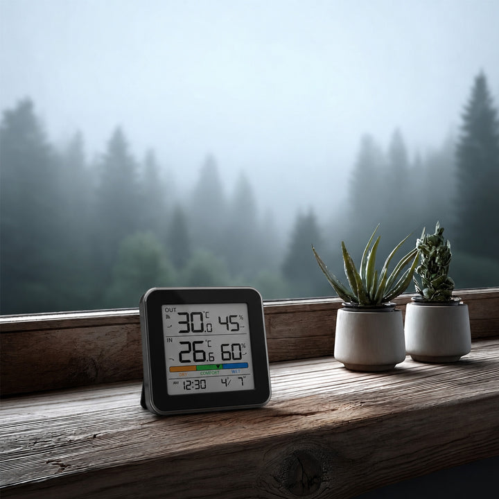 GreenBlue draadloos weerstation, temperatuur + luchtvochtigheid binnen/buiten, klok + wekker + datum, °C / °F, tot 60 m, zwart, GB169 B + 4x AAA-alkalinebatterijen van Varta Industrial