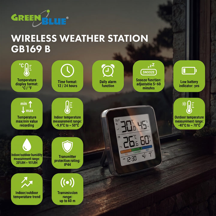 GreenBlue draadloos weerstation, temperatuur + luchtvochtigheid binnen/buiten, klok + wekker + datum, °C / °F, tot 60 m, zwart, GB169 B + 4x AAA-alkalinebatterijen van Varta Industrial