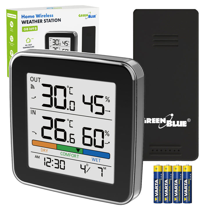 GreenBlue draadloos weerstation, temperatuur + luchtvochtigheid binnen/buiten, klok + wekker + datum, °C / °F, tot 60 m, zwart, GB169 B + 4x AAA-alkalinebatterijen van Varta Industrial