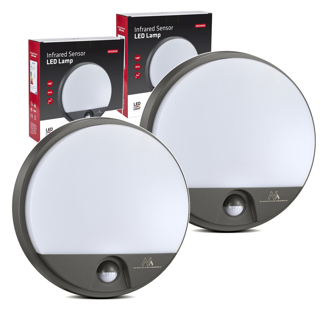 Maclean LED-lamp met bewegingssensor, PIR-sensor, kleur: grijs, 15 W, IP54, 1100 lm, neutraal wit, MCE291 W, 2 stuks