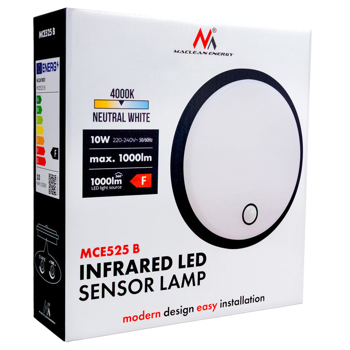 Maclean LED-lamp met bewegingssensor, PIR-sensor, kleur: zwart, 10 W, IP65, 1000 lm, neutraal wit, MCE525 B, 2 stuks