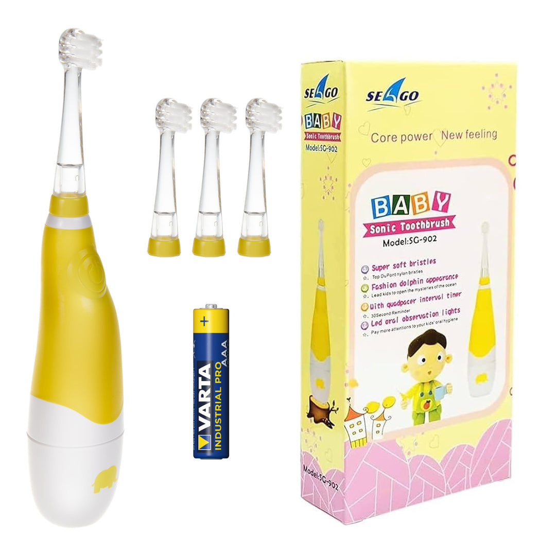SEAGO-sonische tandenborstel voor kinderen, geel, 4 opzetborstels, SG-902 Yellow + AAA-alkalinebatterij van Varta Industrial