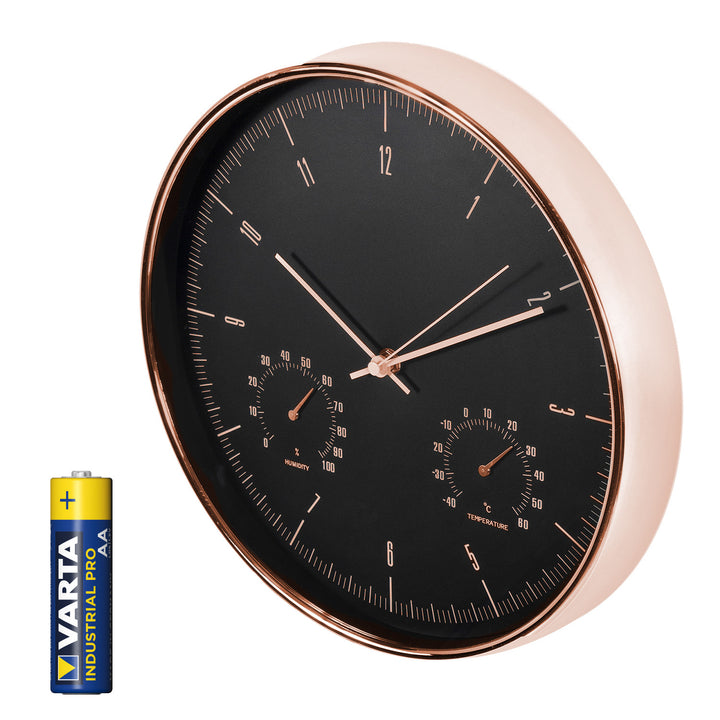 Gouden wandklok 12'' 30 cm met thermometer en hygrometer CE70 G + alkalinebatterij R-06 LR6 AA 1,5 V Varta Industrial