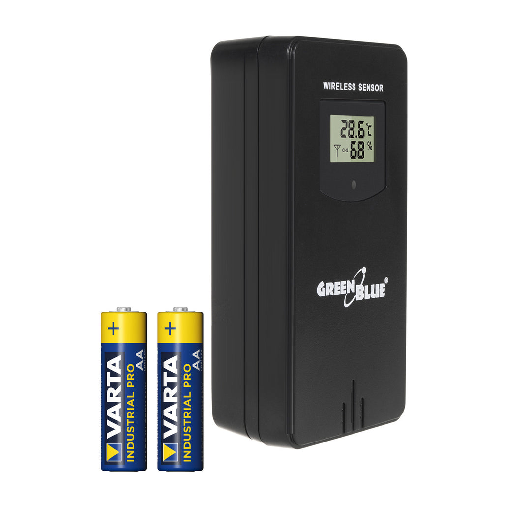 Externe sensor voor het GreenBlue-weerstation, geschikt voor het GB522-station, model GB532 + 2x AA-alkalinebatterij van Varta Industrial