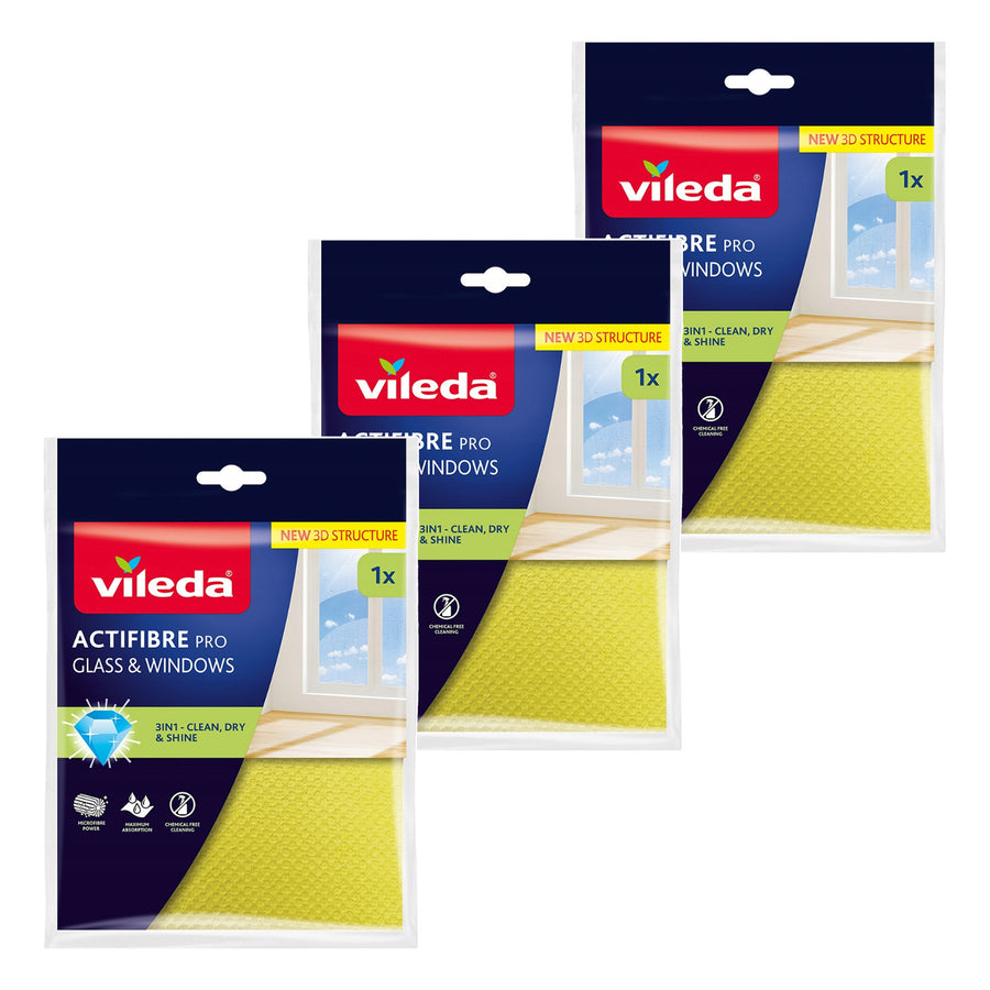 Vileda Actifibre Pro-doekje voor glas en ramen, machinewasbaar, PVA-coating, zonder strepen en watervlekken, reinigt met alleen water, 183298, 3 stuks