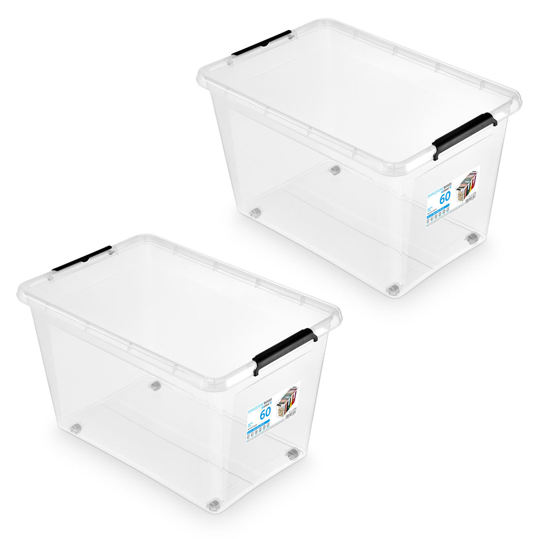 Moxom SimpleStore-bak, inhoud 60 l, transparant, deksel met kliksluiting, voorzien van wieltjes, BPA-vrij, 04-0081, 2 stuks