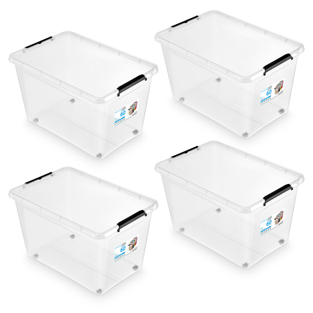 Moxom SimpleStore-bak, inhoud 60 l, transparant, deksel met kliksluiting, voorzien van wieltjes, BPA-vrij, 04-0081, 4 stuks