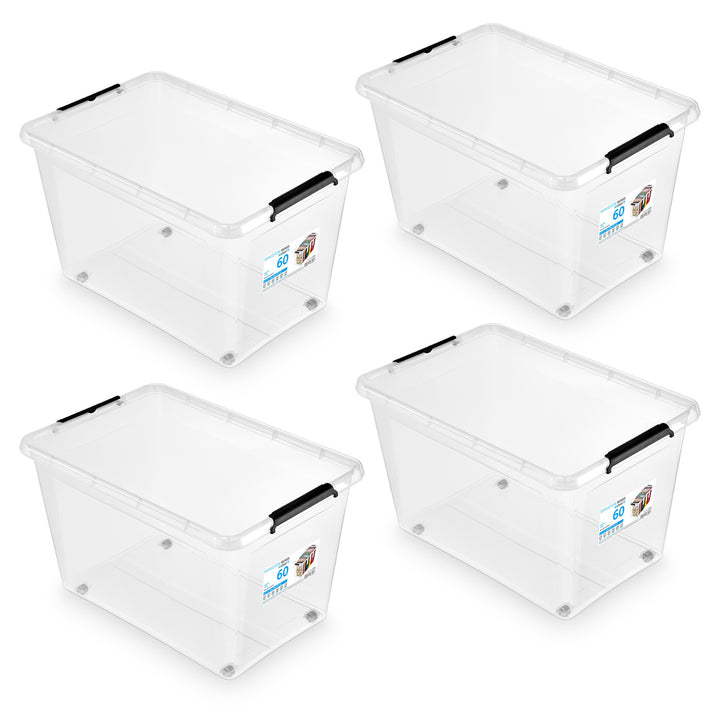 Moxom SimpleStore-bak, inhoud 60 l, transparant, deksel met kliksluiting, voorzien van wieltjes, BPA-vrij, 04-0081, 4 stuks