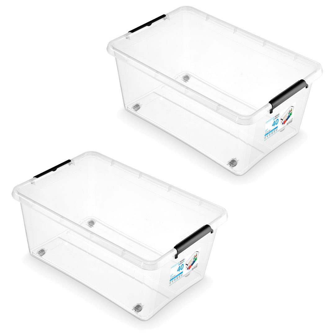 Moxom SimpleStore-bak, inhoud 40 l, transparant, deksel met kliksluiting, voorzien van wieltjes, BPA-vrij, 04-0076, 2 stuks