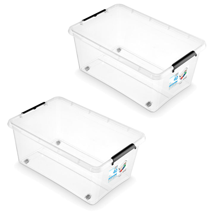 Moxom SimpleStore-bak, inhoud 40 l, transparant, deksel met kliksluiting, voorzien van wieltjes, BPA-vrij, 04-0076, 2 stuks
